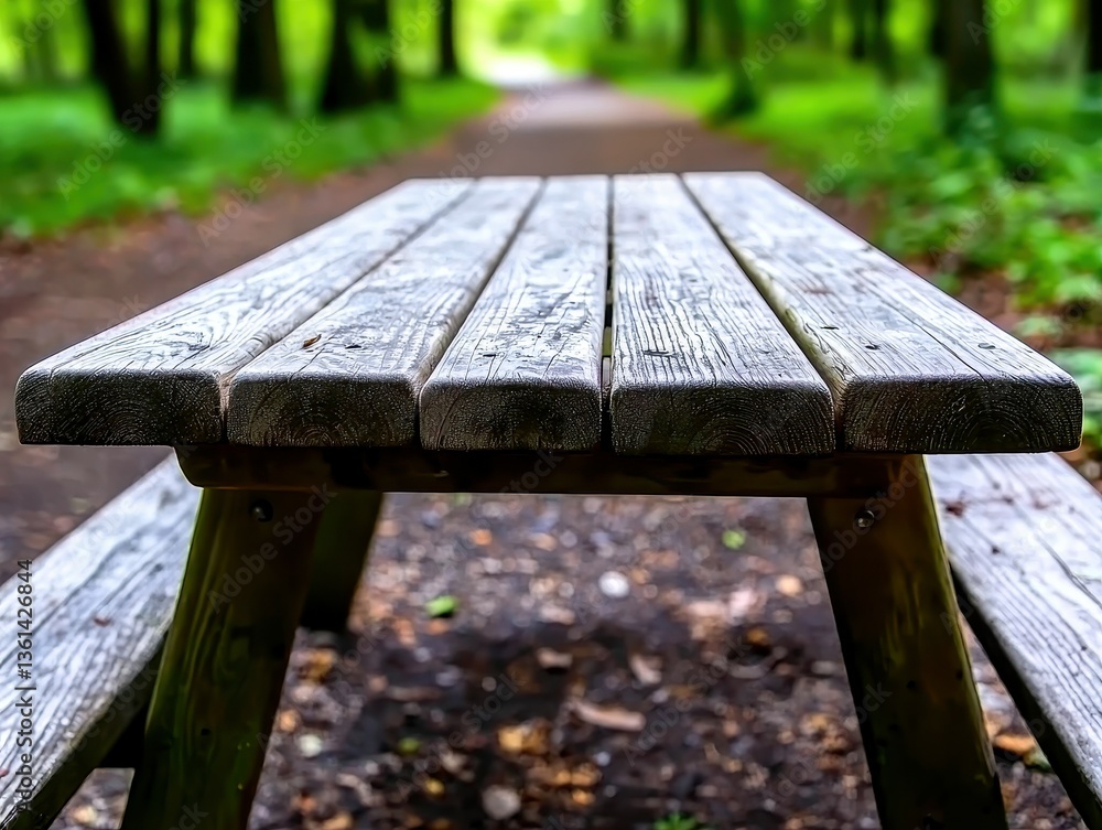 Fototapeta premium Rustic Wooden Picnic Table in Serene Forest Landscape Scene for Outdoor Recreation and Leisure Time