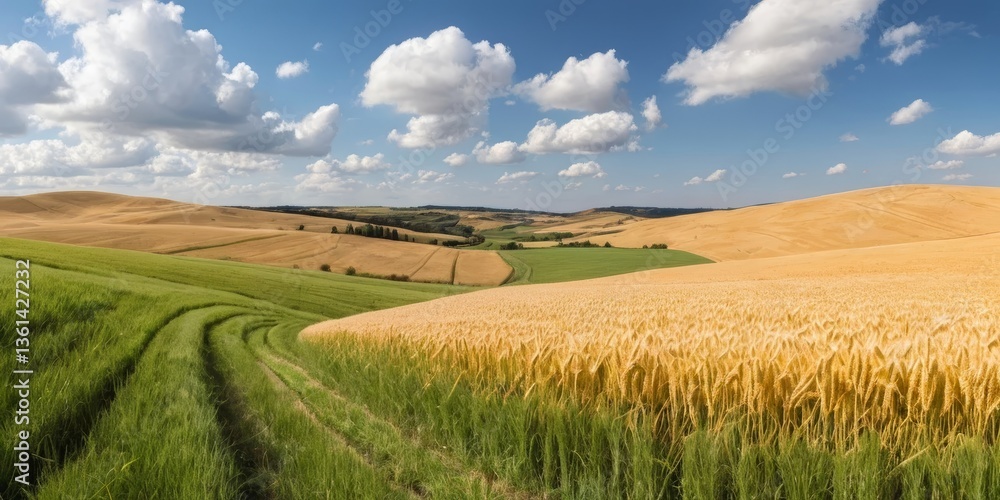 Fototapeta premium Serene landscape with golden wheat fields and green hills under blue sky 
