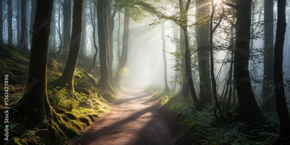 Naklejka premium Enchanted forest path illuminated by soft sunlight 