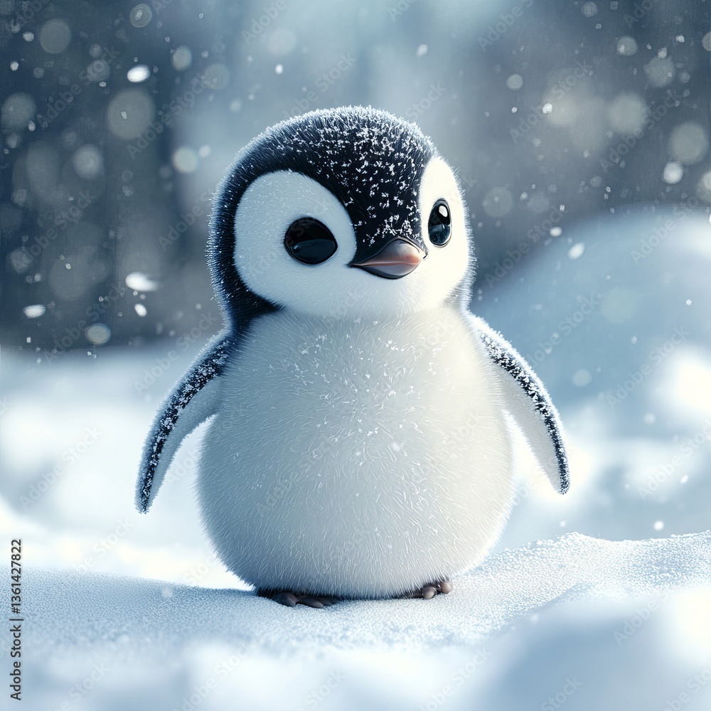 Obraz premium Adorable Baby Penguin 3D Render Winter Snow