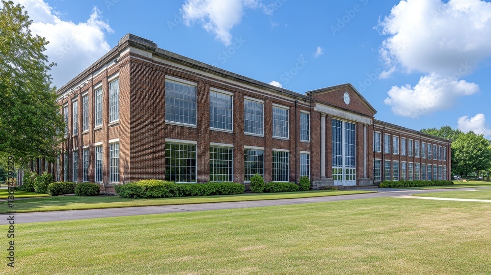A large brick building with many windows and lush green grass A large brick building with many windows and lush green grass