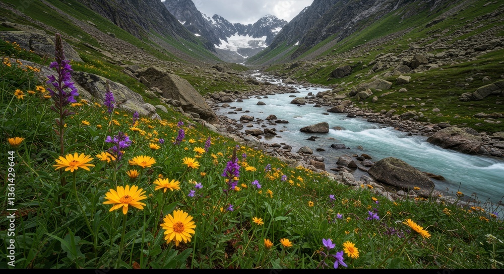 Obraz premium Vibrant Wildflowers Bloom Along a Mountain River