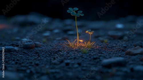 Glowing plants sprout in dark soil.