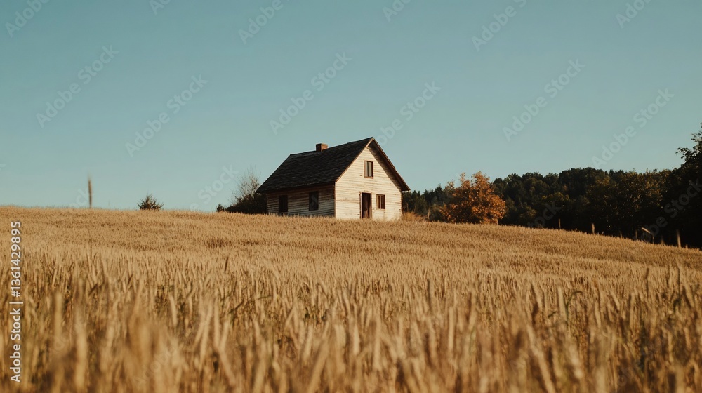 Isolated farmhouse nestled in a golden wheat field under a clear blue sky. Isolated farmhouse nestled in a golden wheat field under a clear blue sky.