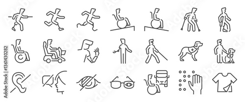 Disability icon set. It includes handicap, accessibility, disabled, human, and more icons. Editable Vector Stroke.
