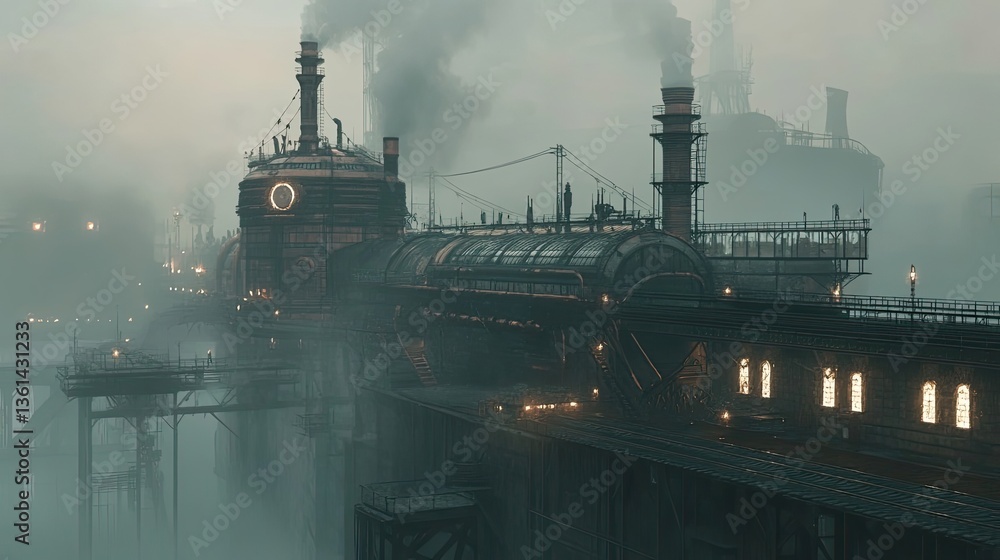 A futuristic cityscape with an industrial and foggy ambiance A futuristic cityscape with an industrial and foggy ambiance