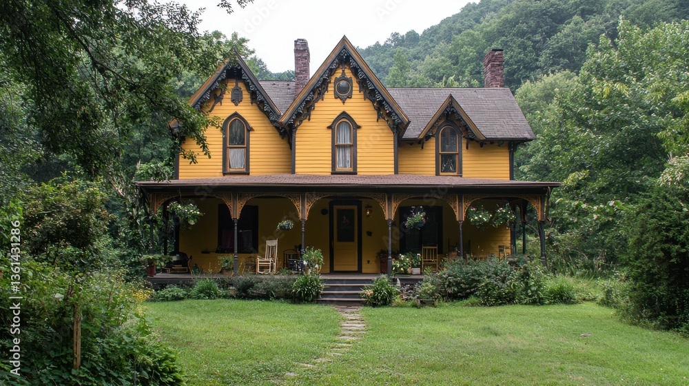 A beautiful yellow house nestled in a verdant forest setting A beautiful yellow house nestled in a verdant forest setting