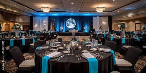 A Ballroom Decorated For A Formal Banquet With Many Tables