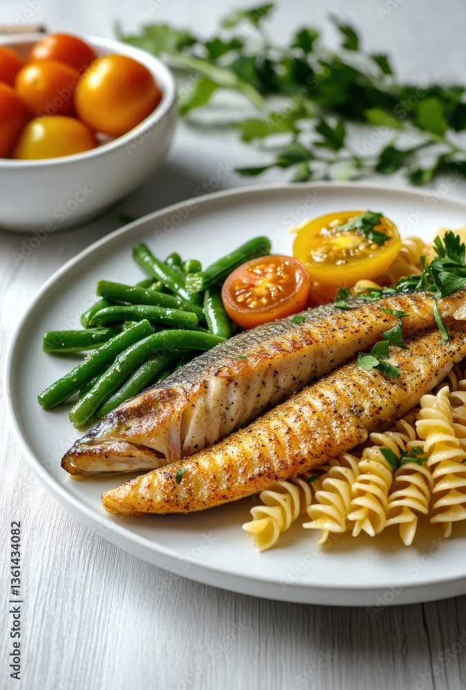 Grilled Fish Fillet Served with Fresh Vegetables and Pasta on a White Plate, Vibrant Colors with Healthy Meal Presentation Grilled Fish Fillet Served with Fresh Vegetables and Pasta on a White Plate, Vibrant Colors with Healthy Meal Presentation