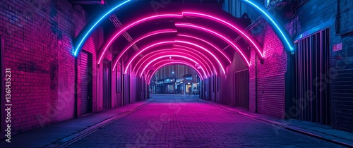 Fototapeta Naklejka Na Ścianę i Meble -  A cinematic photograph of an underground tunnel with pink and blue neon lights, Modern Futuristic Sci Fi Background. 3D illustration