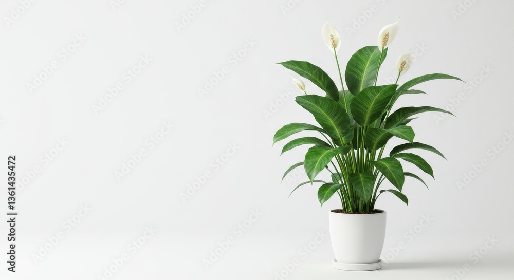 Fototapeta premium White Peace Lily in a White Pot Against a White Background