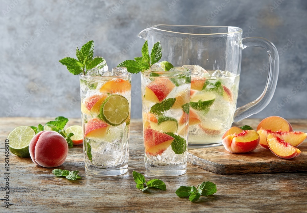 Refreshing Summer Beverage with Fresh Fruits and Mint Leaves Served in Stylish Glasses on Rustic Wooden Table Refreshing Summer Beverage with Fresh Fruits and Mint Leaves Served in Stylish Glasses on Rustic Wooden Table