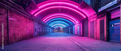 Fototapeta Naklejka Na Ścianę i Meble -  A cinematic photograph of an underground tunnel with pink and blue neon lights, Modern Futuristic Sci Fi Background. 3D illustration