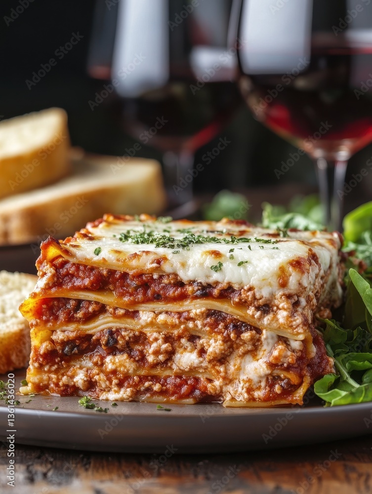 Rich and Flavorful Lasagna with Layers of Cheese, Meat, and Marinara Sauce Served with Fresh Salad and Glasses of Red Wine Rich and Flavorful Lasagna with Layers of Cheese, Meat, and Marinara Sauce Served with Fresh Salad and Glasses of Red Wine