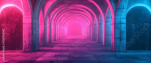 Fototapeta Naklejka Na Ścianę i Meble -  A cinematic photograph of an underground tunnel with pink and blue neon lights, Modern Futuristic Sci Fi Background. 3D illustration
