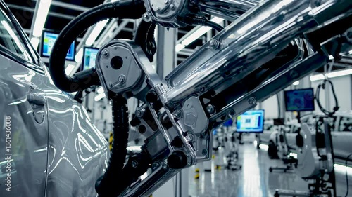 Close-up of industrial robotic arm mechanism in metallic production facility. Concept of automation and machinery