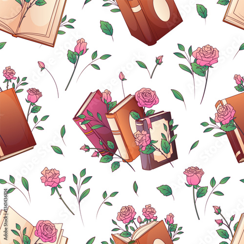 Vector seamless pattern with colorful books and rose flowers isolated on white. Illustration of open book, leaves, roses. Book lover, bookstore, library, reading corner concept.
