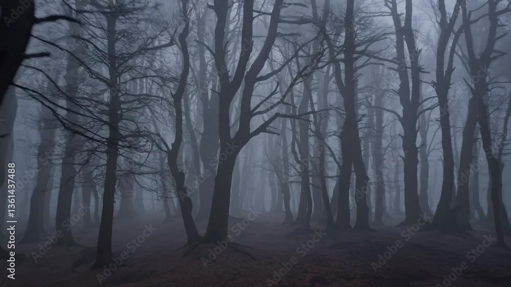 Eerie forest video with a wide-angle view, capturing twisted trees in dense fog, creating a mysterious and haunting atmosphere. Live desktop wallpaper. Eerie forest video with a wide-angle view, capturing twisted trees in dense fog, creating a mysterious and haunting atmosphere. Live desktop wallpaper.