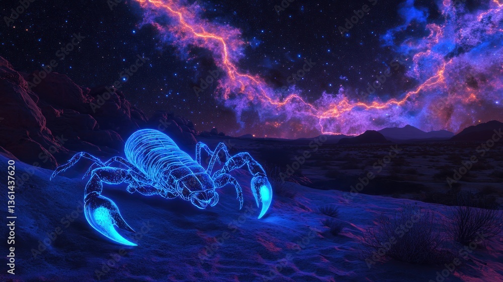 Naklejka premium Neon scorpion aglow in mystical midnight desert landscape under cosmic skies