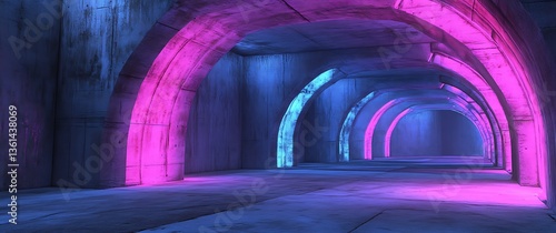 Fototapeta Naklejka Na Ścianę i Meble -  A cinematic photograph of an underground tunnel with pink and blue neon lights, Modern Futuristic Sci Fi Background. 3D illustration