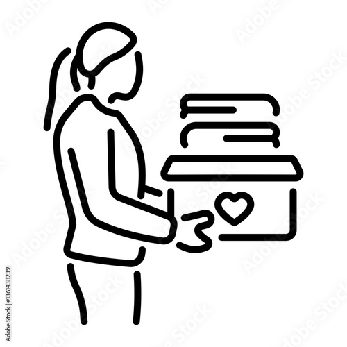 A line icon of a woman donating clothes 