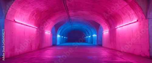 Fototapeta Naklejka Na Ścianę i Meble -  A cinematic photograph of an underground tunnel with pink and blue neon lights, Modern Futuristic Sci Fi Background. 3D illustration