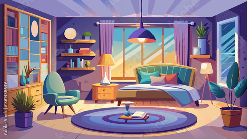 vector of chic bedroom with modern furniture, floor lamps, and a cozy seating area by the window