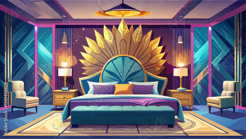 A luxurious modern bedroom with a statement headboard, mood lighting, and sleek furnishings