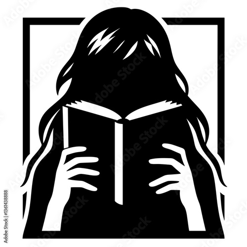 Schoolgirl reading behind book inside frame silhouette