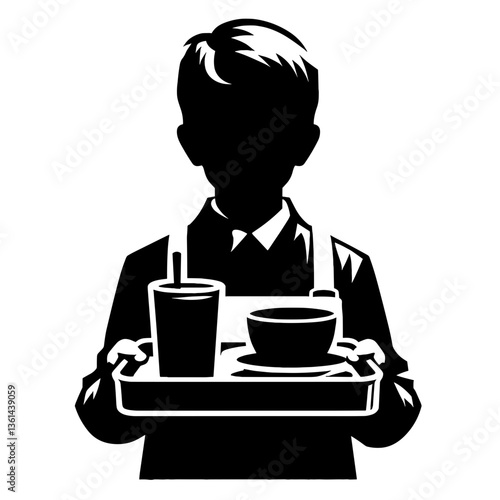 Schoolboy carrying lunch tray silhouette