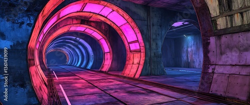 Fototapeta Naklejka Na Ścianę i Meble -  A cinematic photograph of an underground tunnel with pink and blue neon lights, Modern Futuristic Sci Fi Background. 3D illustration