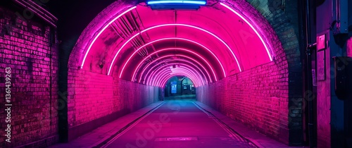 Fototapeta Naklejka Na Ścianę i Meble -  A cinematic photograph of an underground tunnel with pink and blue neon lights, Modern Futuristic Sci Fi Background. 3D illustration