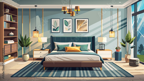 vector of sophisticated bedroom with a neutral color scheme, plush bedding, and modern wall art