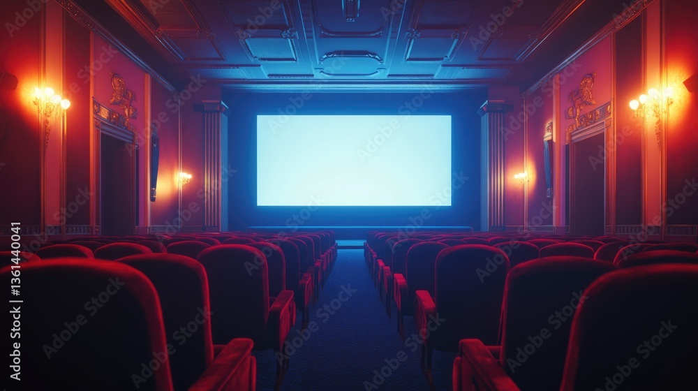 Fototapeta premium A classic cinema auditorium features red velvet chairs arranged in rows, highlighting a large blank screen at the front, evoking anticipation