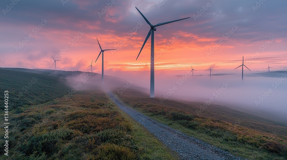Obraz premium Expansive wind farm with turbines spinning in a beautiful landscape under a clear blue sky