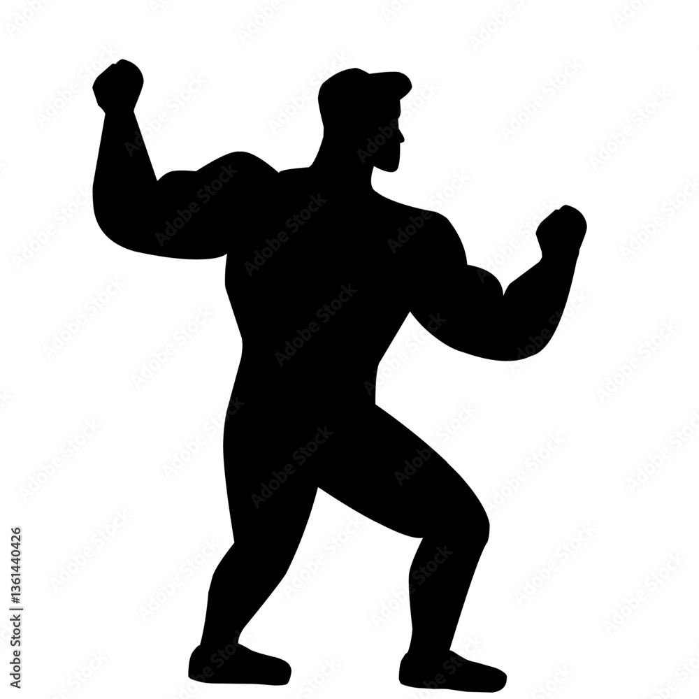Fototapeta premium Silhouette illustration of a muscular bodybuilder flexing his biceps. Perfect for gym logos, fitness posters, workout motivation, bodybuilding events, and sports branding