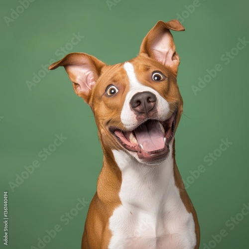 A joyful, excited hound dog breed with wide-open mouth and ears perked up displays pure happiness against a vibrant green backdrop in a professional studio photograph showcasing