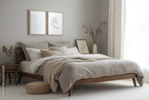 Minimalist bedroom with wooden bed, linen bedding, and neutral decor.