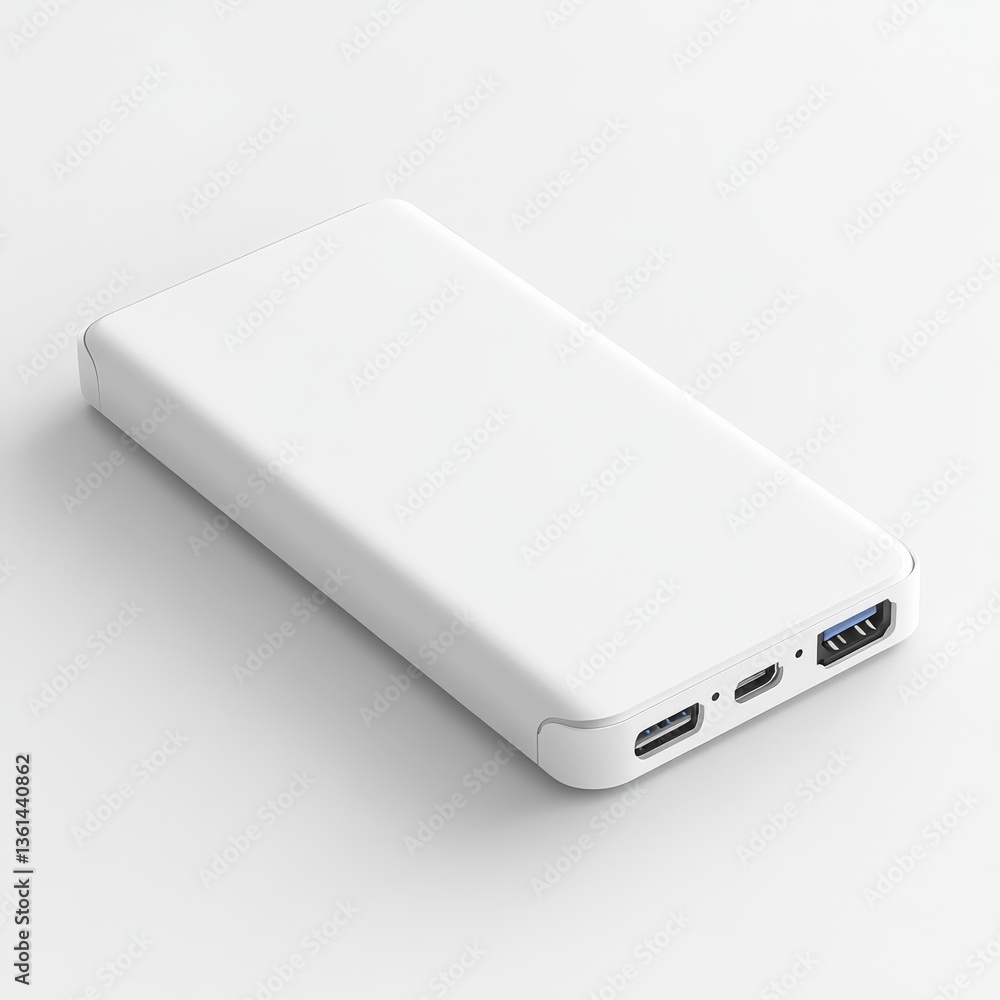 Sleek White Portable Power Bank for Mobile Charging, Featuring USB Ports and Minimalist Design, on a Clean White Background. Sleek White Portable Power Bank for Mobile Charging, Featuring USB Ports and Minimalist Design, on a Clean White Background.
