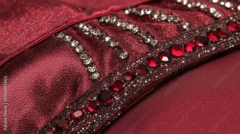 Fototapeta premium Burgundy Fabric with Rhinestone Embellishments: Close-Up Textile Detail