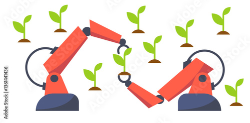 Agricultural robot arms in use. Smart farming solutions. Modern agriculture technology. Flat vector illustration.