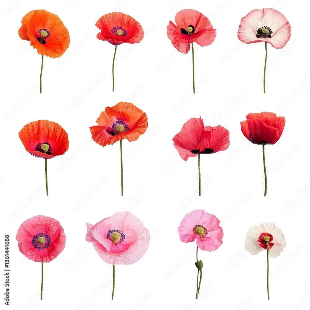 Obraz premium A vibrant collection of poppy flowers showcasing various colors and shapes isolated against a clean transparent background, poppy flowers isolated on transparent background