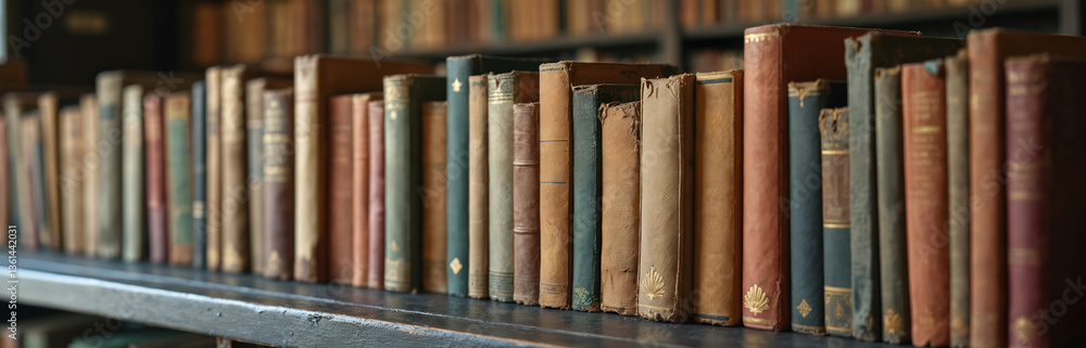 Row of old used books displayed at antiquarian bookshop, photo focus on right side. Books on shelf, library. Collection of hardcover literature, vintage reading, aged paper. Row of old used books displayed at antiquarian bookshop, photo focus on right side. Books on shelf, library. Collection of hardcover literature, vintage reading, aged paper.