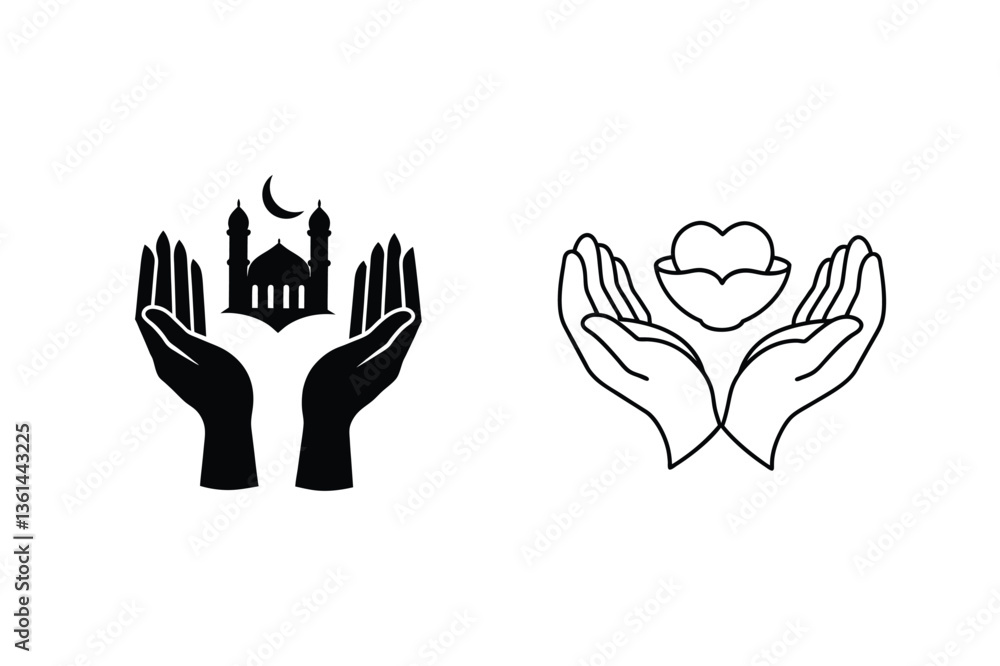 Obraz premium Islamic Faith, Hands Protecting Mosque, Heart, Charity, Dua, Ramadan, Belief, Spirituality, Care, Pr