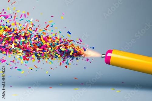 Colorful confetti bursts from a party popper against a soft blue background, creating a festive atmosphere