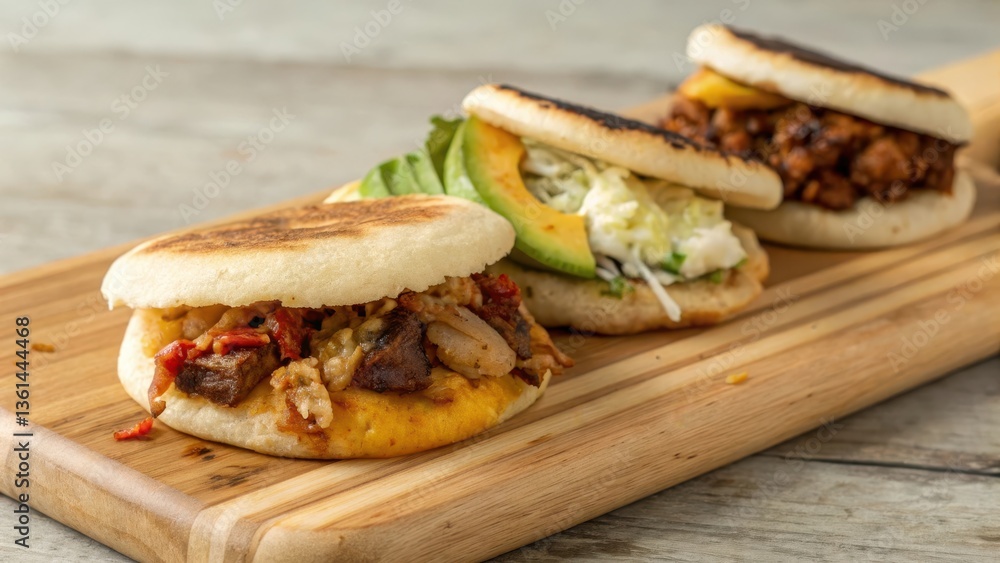 Delicious arepas with various fillings displayed on a wooden board. Delicious arepas with various fillings displayed on a wooden board.