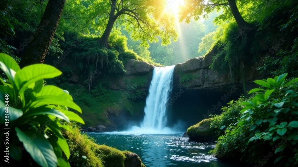 Fototapeta premium big wide waterfall in the jungle in summer on a sunny day