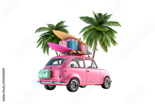 Pink vintage car summer vacation road trip surfboards luggage palm trees