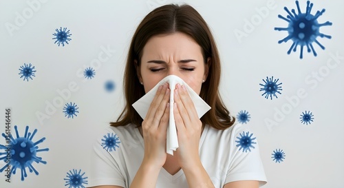 Woman Sneezing Into Tissue Surrounded by Virus Particles During Cold Season