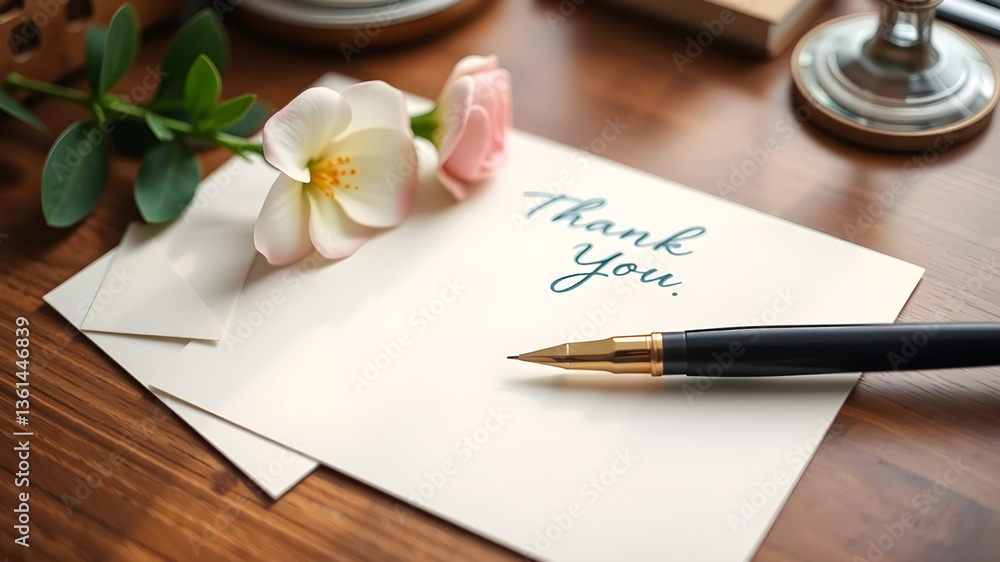 Card with calligraphy thank you on table with ink pen and flower Card with calligraphy thank you on table with ink pen and flower